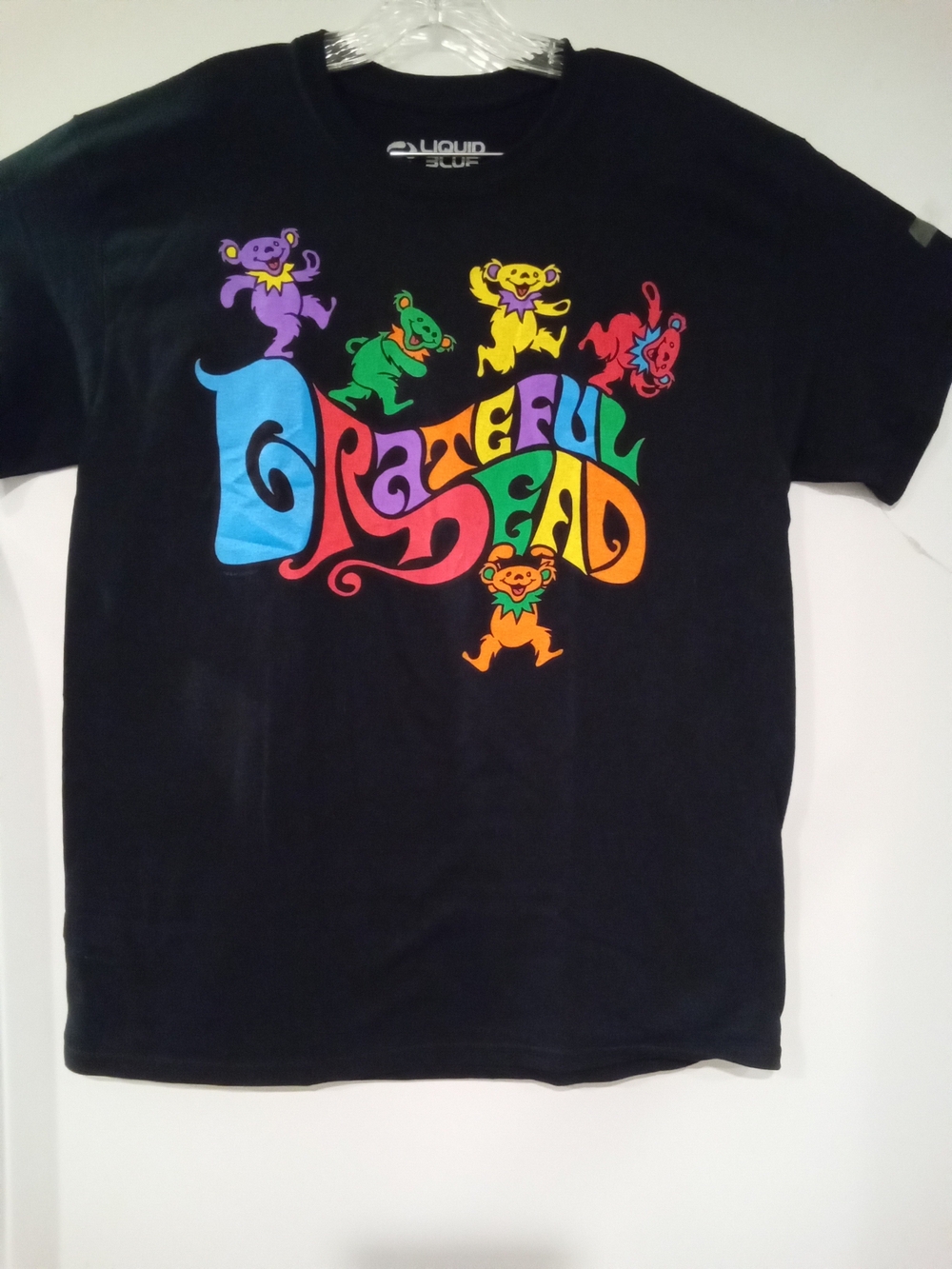 Liquid Blue Black Tee with Rainbow Dancing Bears Grateful Dead Logo